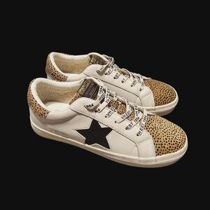 Vintage Havana Leopard Print Women's White and Tan Sneakers with Black Star